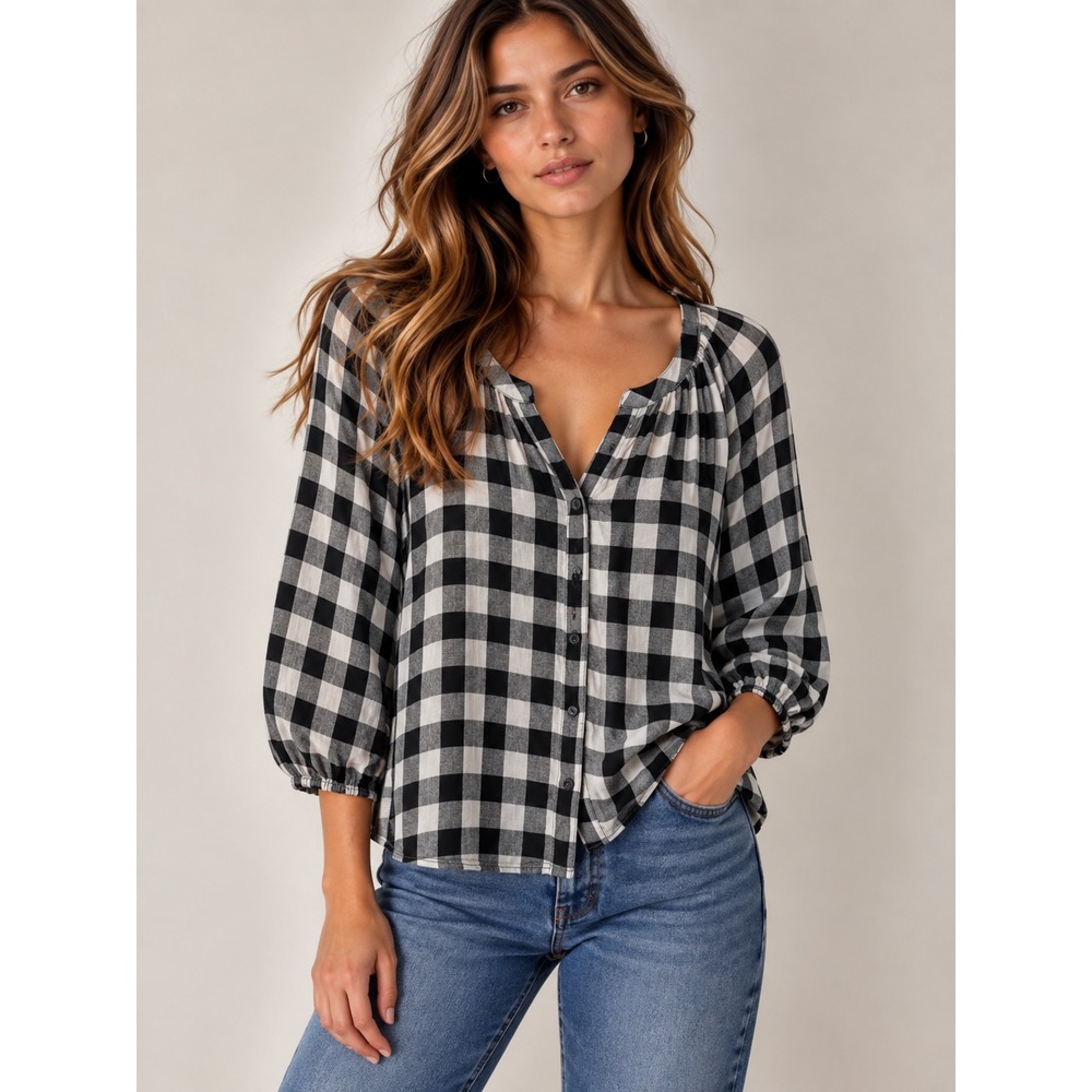 Beachlunchlounge Black Gingham 100% Cotton Blouse, Medium